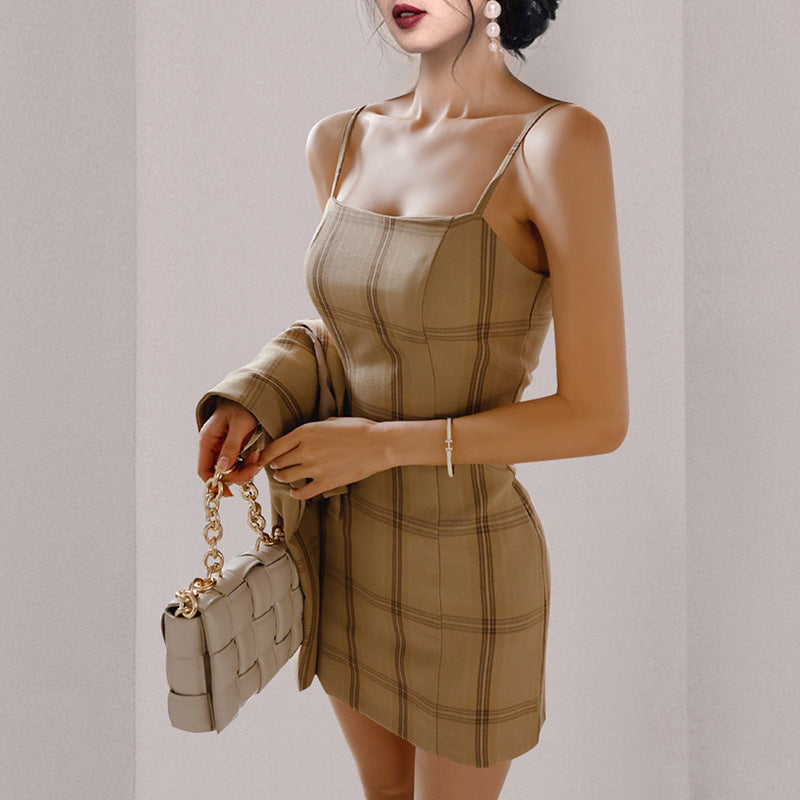 Double-breasted short suit set in beige, featuring a tailored blazer and matching shorts from M Chic Boutique.