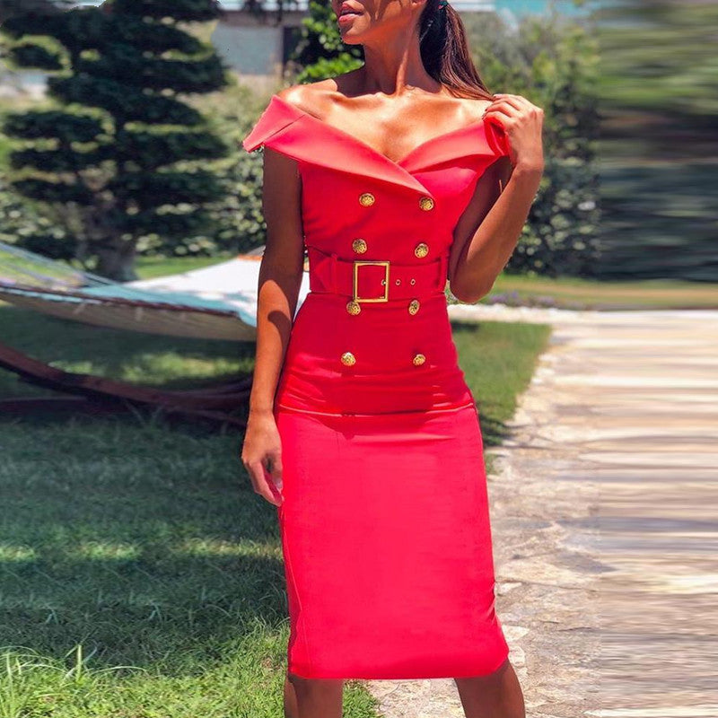 Double-breasted belt tight dress by M Chic Boutique, featuring a fitted silhouette and stylish buttons.
