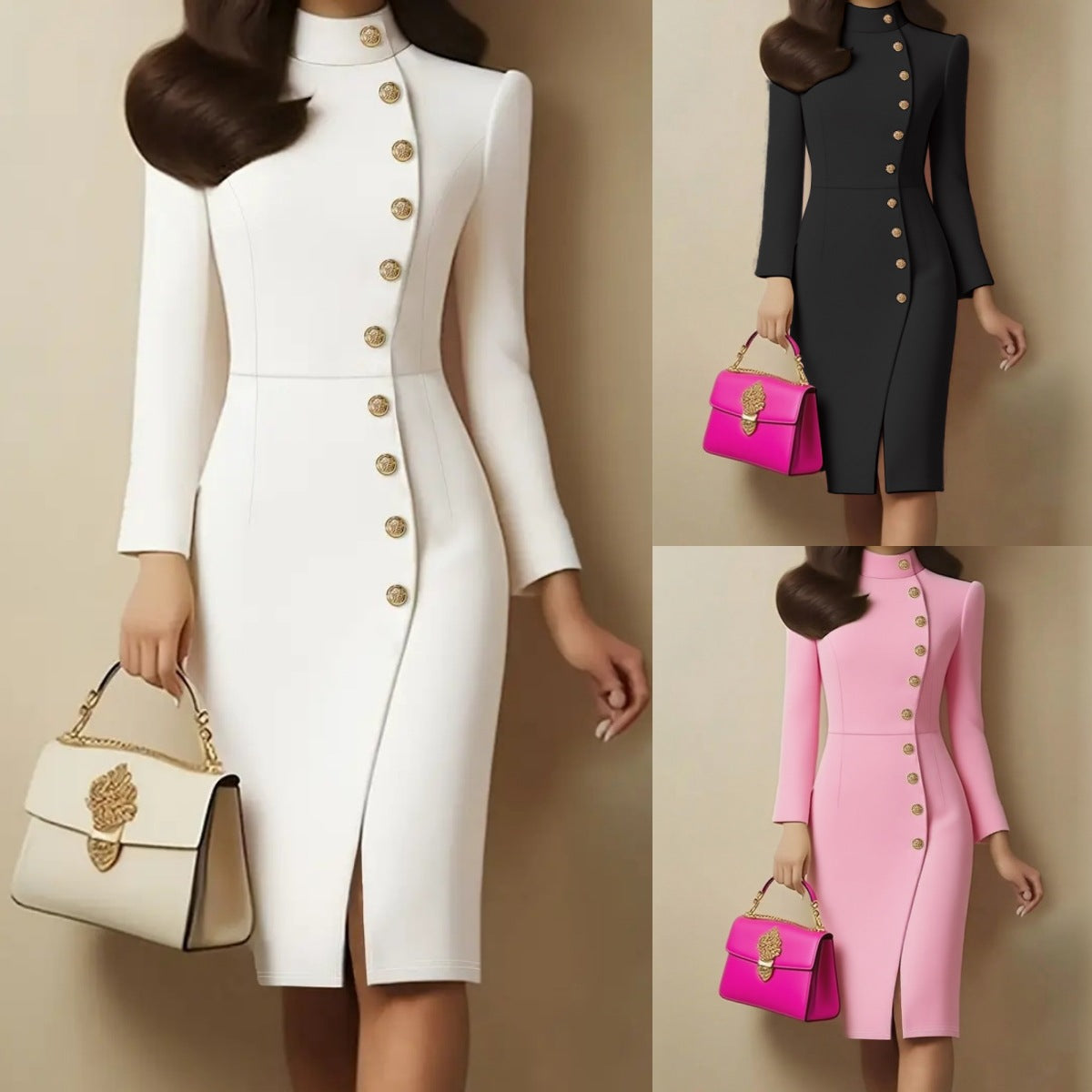 Collar Slim Fit Metal Button Split Dress