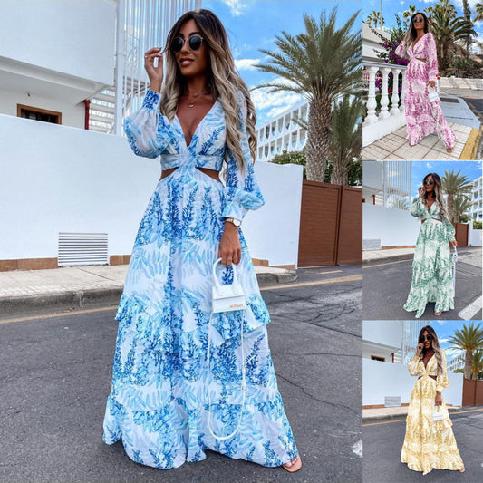 Elegant Hollow Floor V-neck Long-sleeved Dress