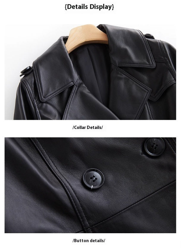 Long Tie Double Breasted Leather Coat