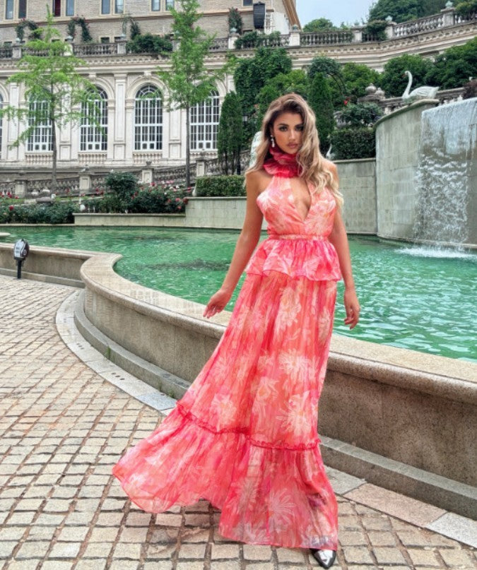 Sleeveless Halter Floral Dress