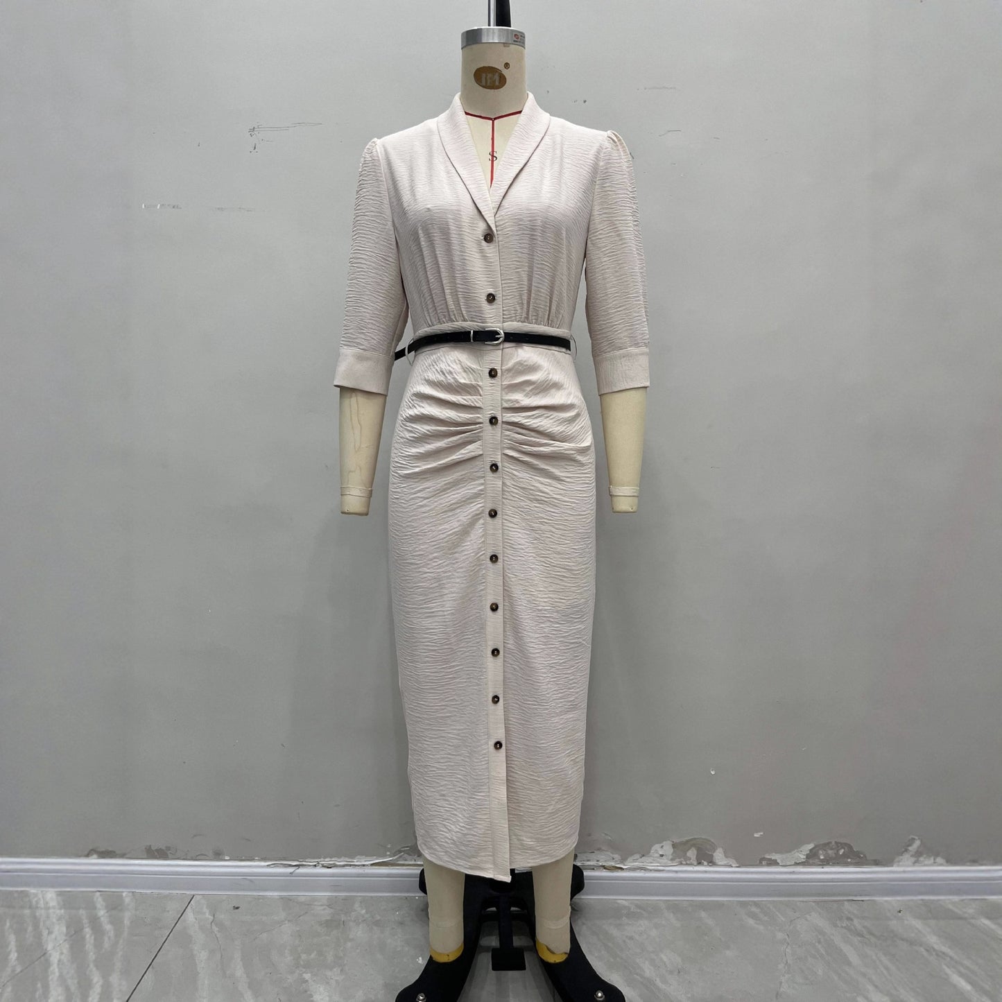 Short-Sleeve Belted Pleated Shirt Dress