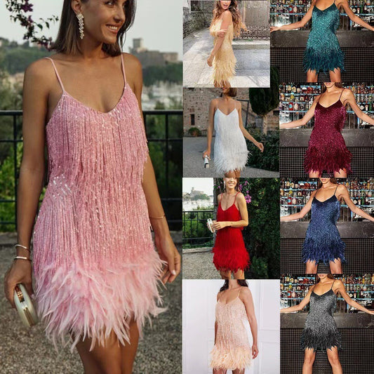 Sequins Feather Mini Dress