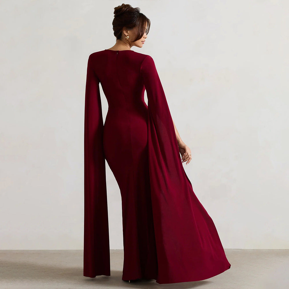 Long Sleeve High Slit Solid Color Dress