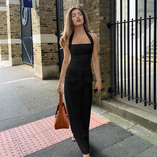 Simple Halter Top Split Skirt Suit