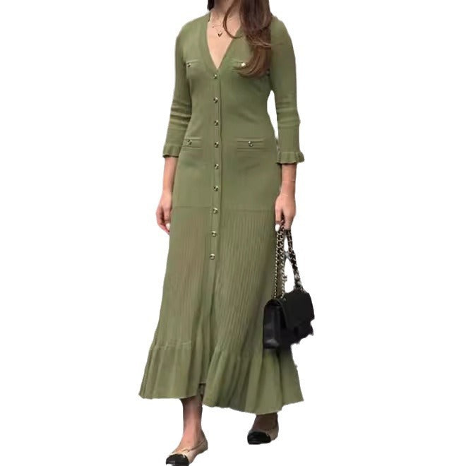 French Style Elegant V-neck Ruffle Sleeve Mid-length Knitted Dress