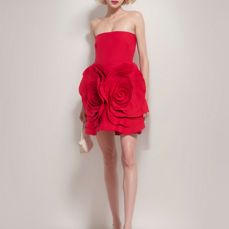 Red short flower dress from M Chic Boutique with vibrant floral patterns and a flattering fit.