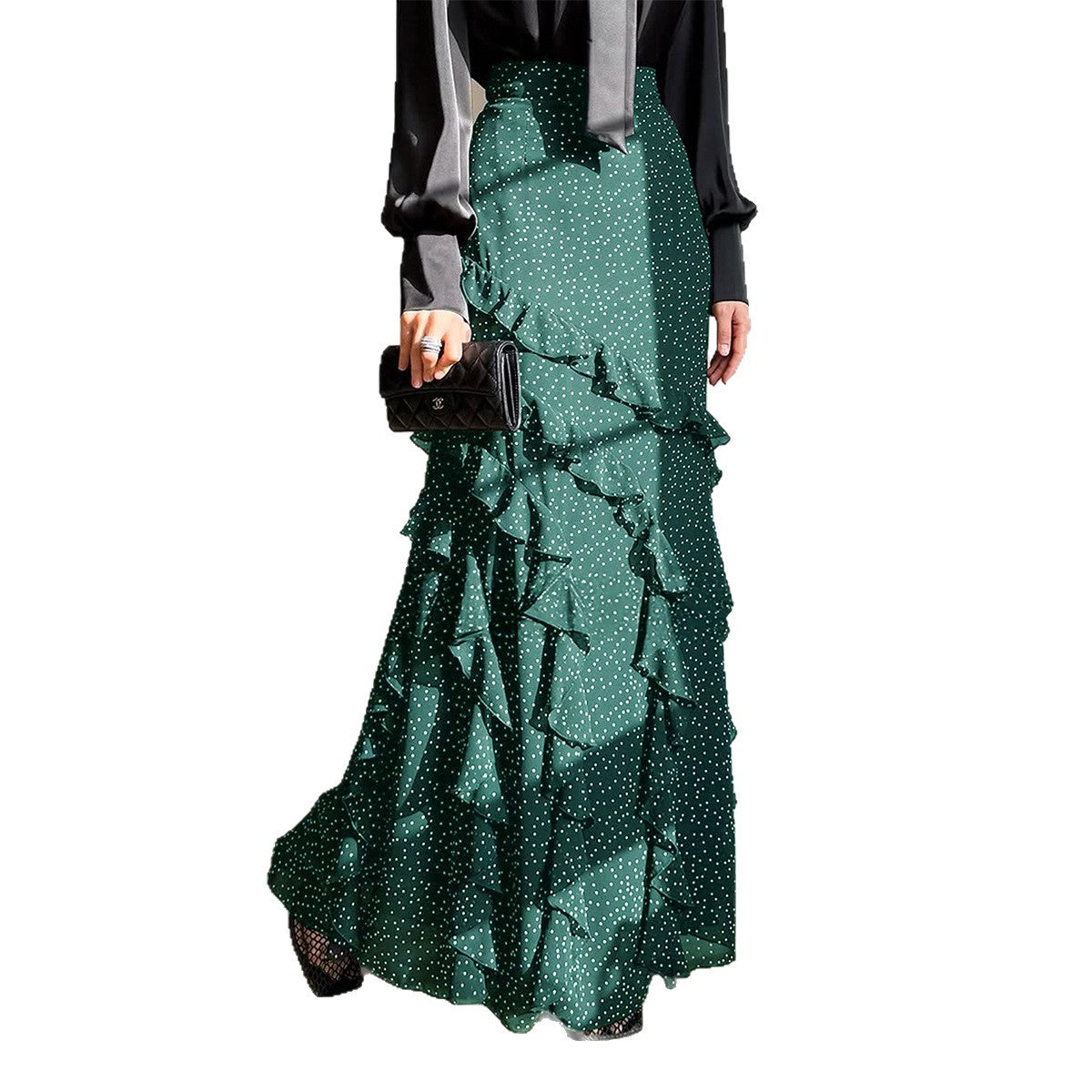 Polka-dot lace long skirt by M Chic Boutique, featuring a flowy design and intricate lace detailing for a feminine look.