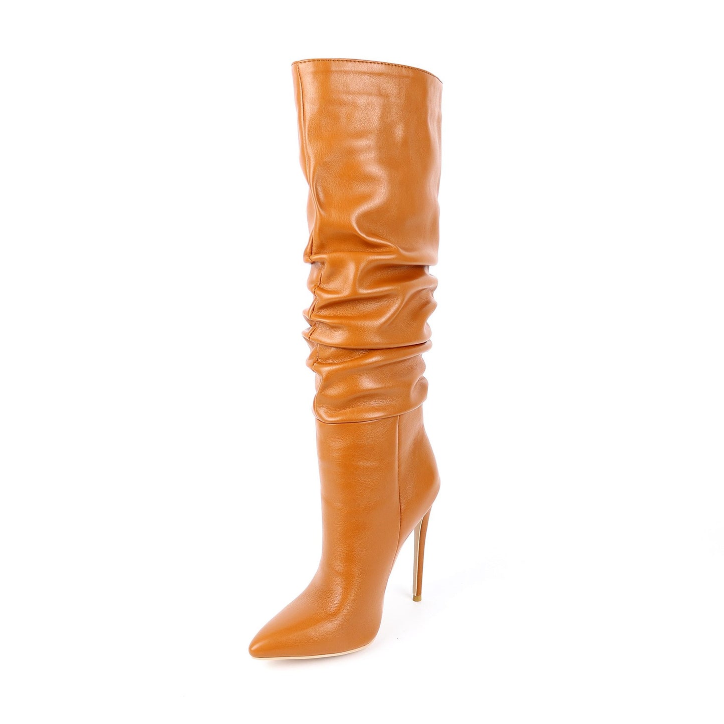 Black pleated pointed toe stiletto boots from M Chic Boutique, showcasing sleek design and high heel on a neutral background.