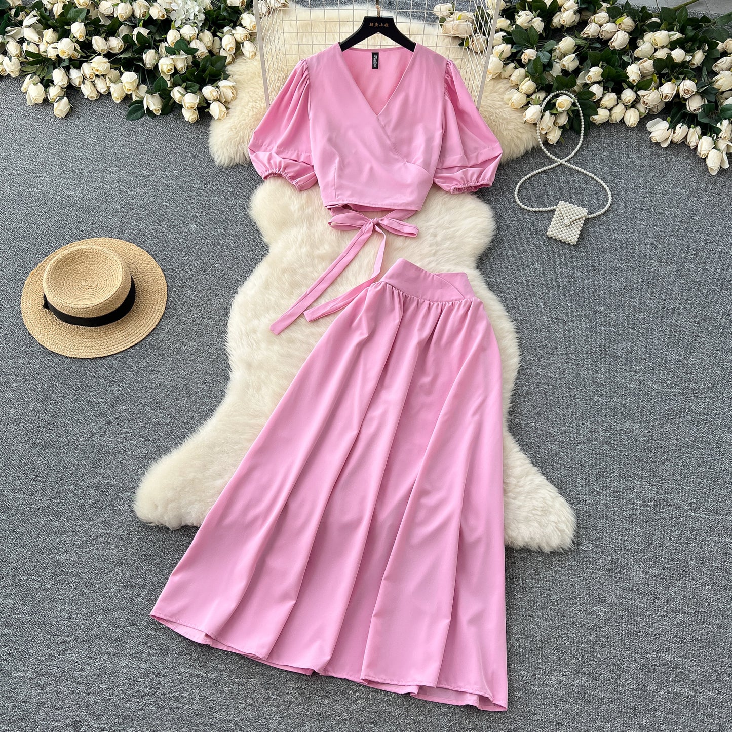 V-neck Puffed-sleeve Shirt Skirt Set