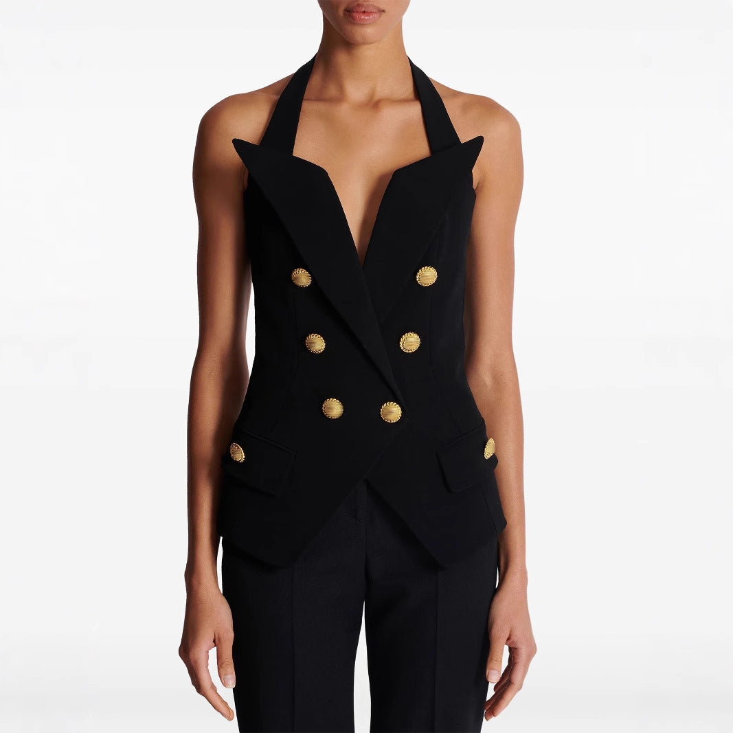 Double breasted sling vest in beige from M Chic Boutique, featuring stylish tailored design and chic silhouette.