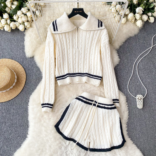 Breasted-collar Striped Sweater-Shorts Set