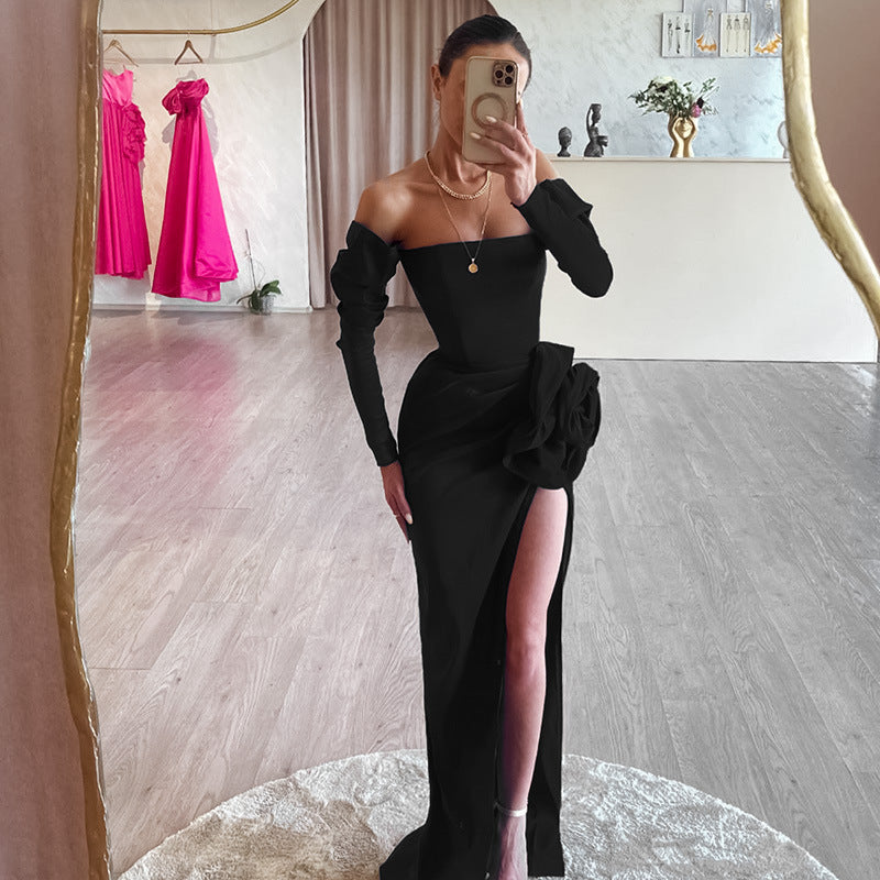 Large Flower Slim Fit Slit Dress