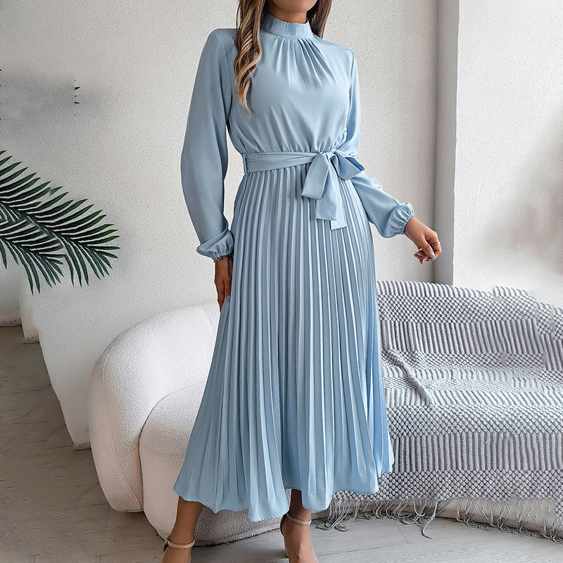 High Neck Long Sleeve Pleated Maxi Dress