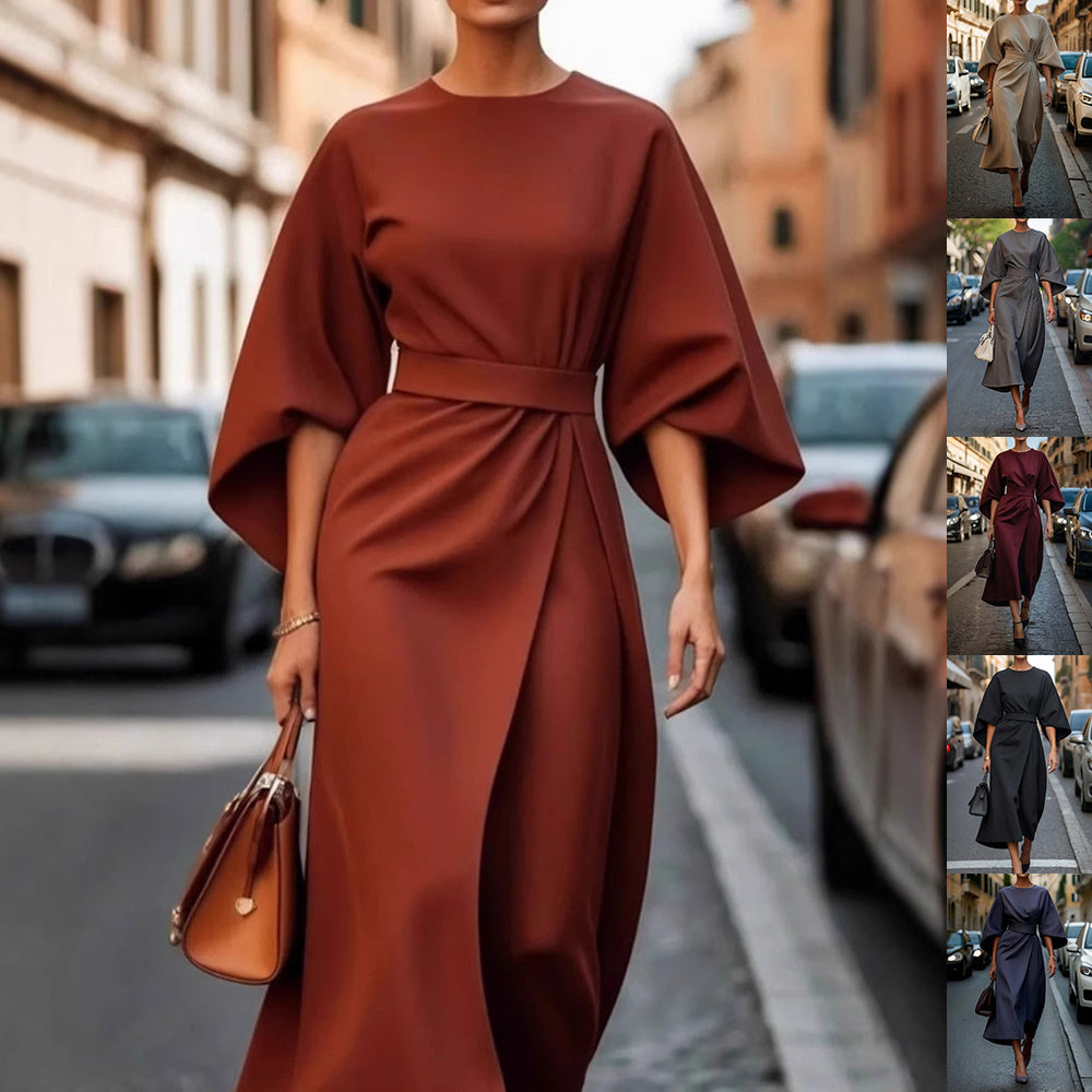Waist-tighted Solid Color Elegant Dress