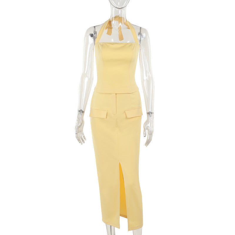 Simple Halter Top Split Skirt Suit
