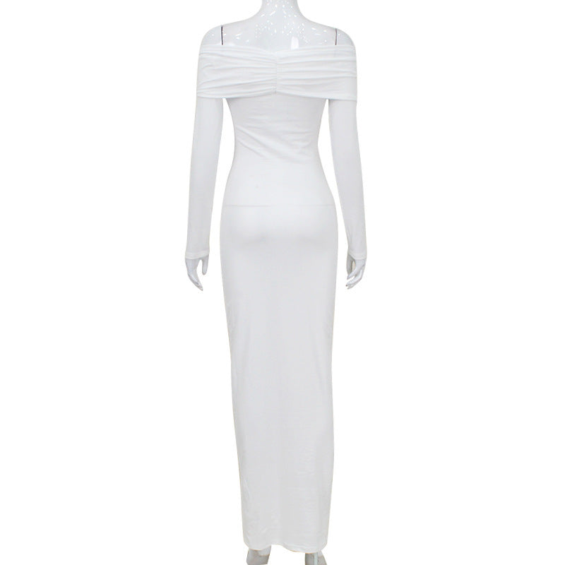 Solid Color French Style Off-shoulder Long Sleeve Dress