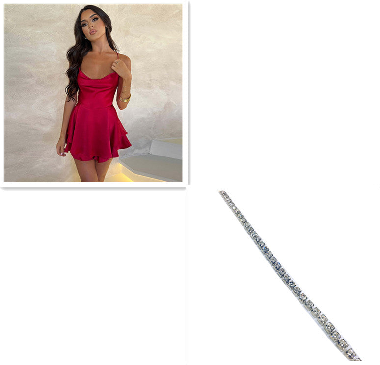 Elegant satin backless lace-up short dress from M Chic Boutique, showcasing smooth fabric and stylish open back design.