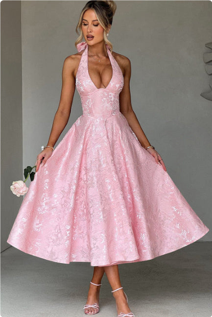 V-neck Halter Sleeveless Jacquard Lace-up Dress
