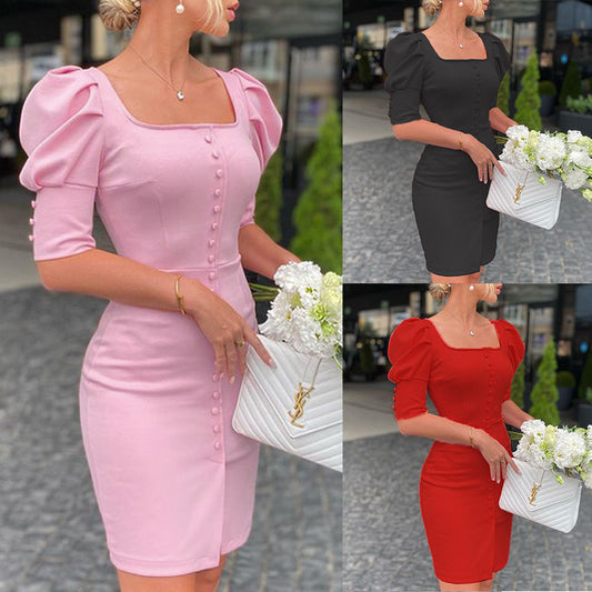Square-neck Bubble Sleeve Dress