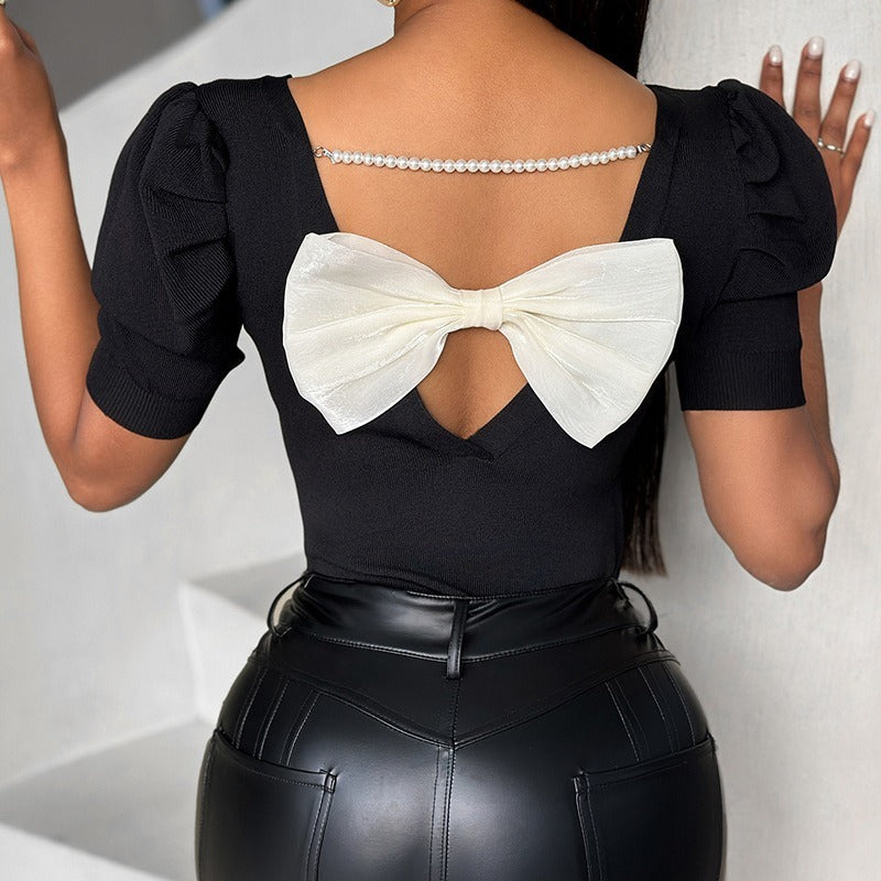Solid Bowknot Design Blouse