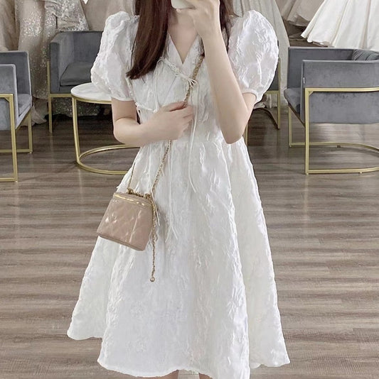 White V-neck Puff Sleeve Dress