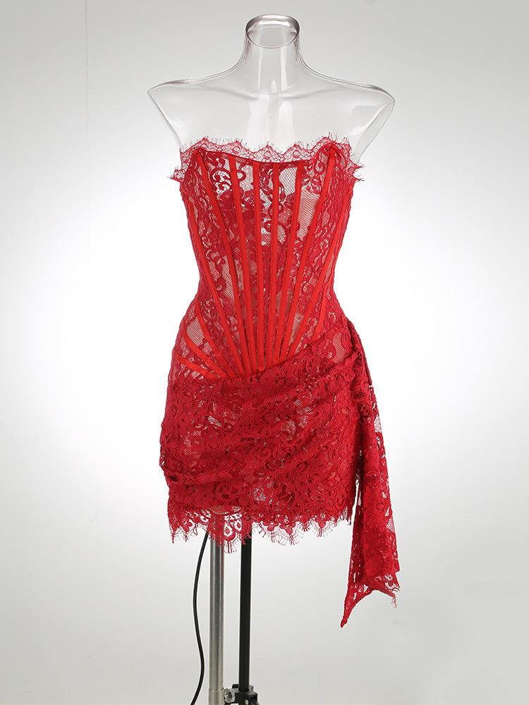 Lace waist tube top dress in elegant design by M Chic Boutique, showcasing intricate lace details and a flattering silhouette.