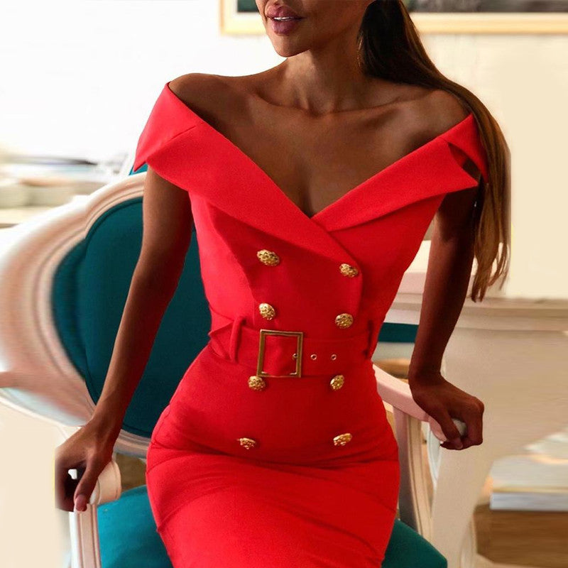 Double-breasted belt tight dress in navy blue from M Chic Boutique, featuring a tailored fit and elegant silhouette.