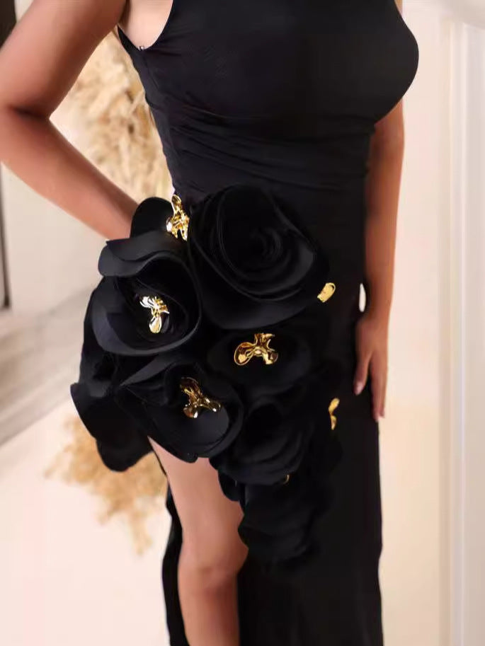 Three-dimensional Flowers Slit Black Dress