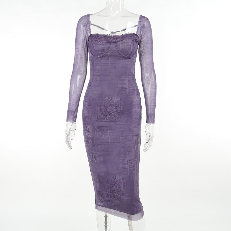 Square-neck Lace Stitching Dress