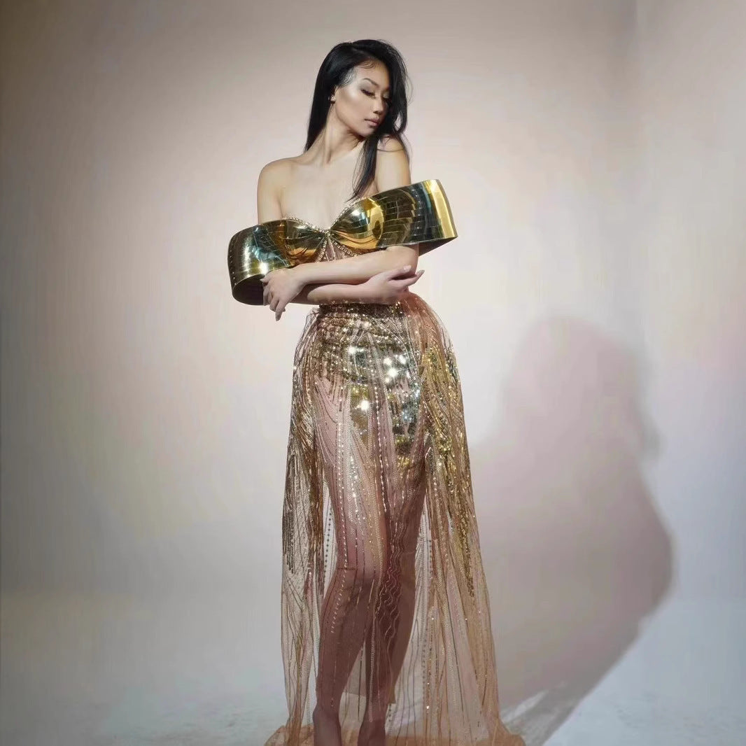 Gold Strapless Sequined Split Dress