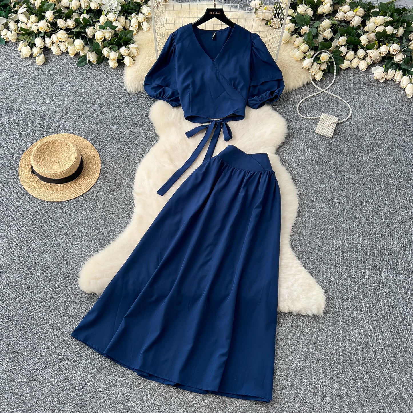 V-neck Puffed-sleeve Shirt Skirt Set