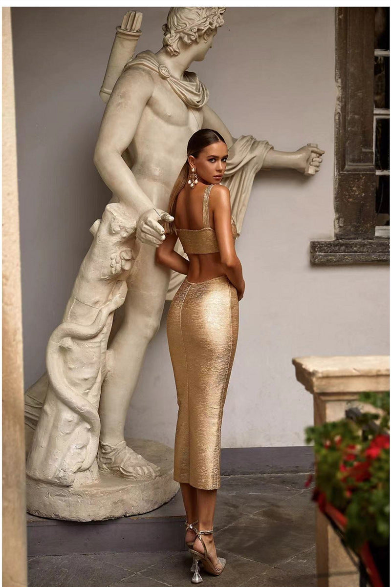 Sling Bronzing Mid Length Bandage Dress