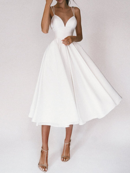 Solid V-neck Suspender Dress