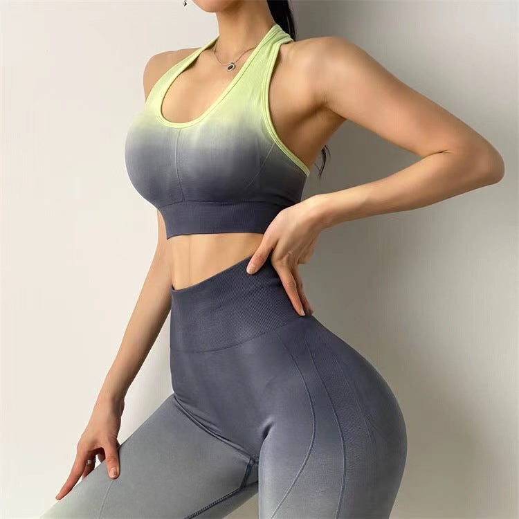 Two-piece seamless yoga and gym activewear set in black, featuring fitted sports bra and high-waisted leggings from M Chic Boutique.