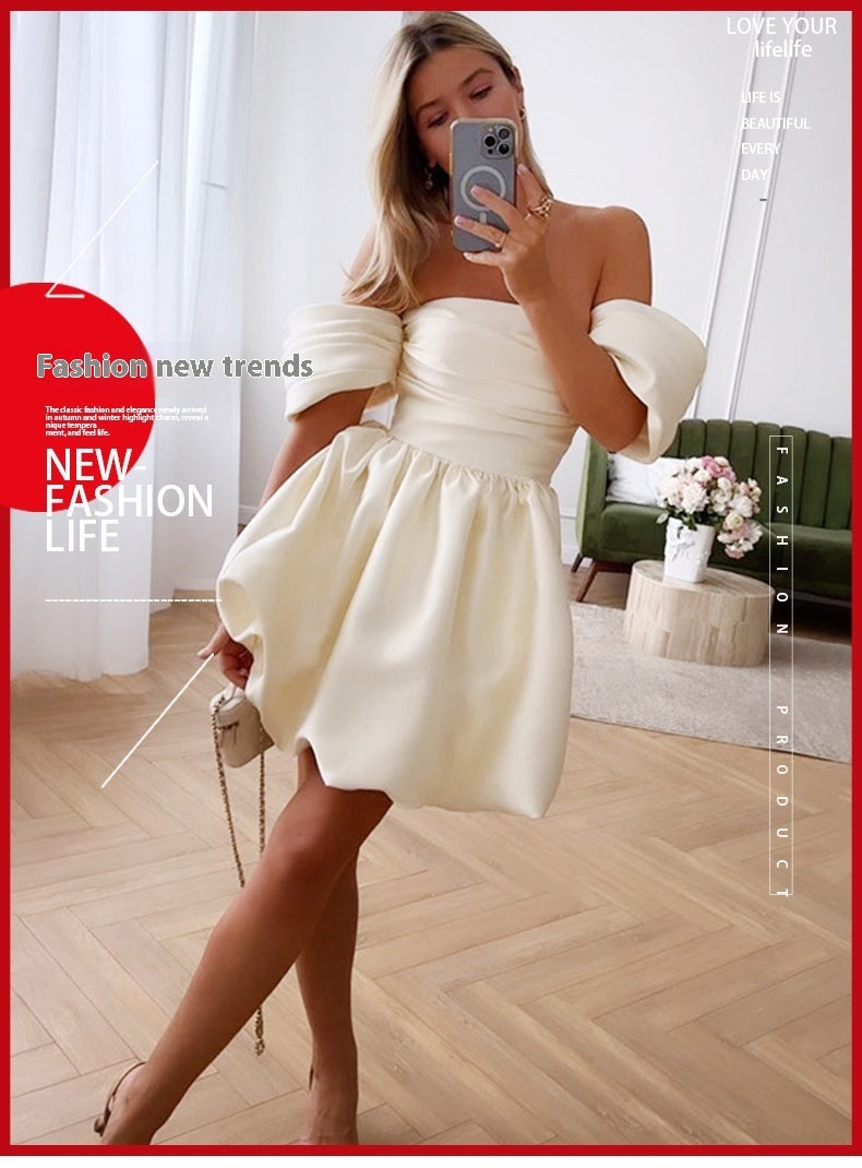 Simple Elegant Dress Solid Color Off-neck Socialite Style - M Chic Boutique