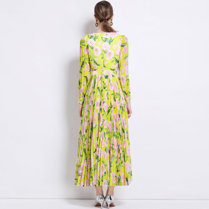 French Style Floral Slim-fitting Pleated Floral Skirt