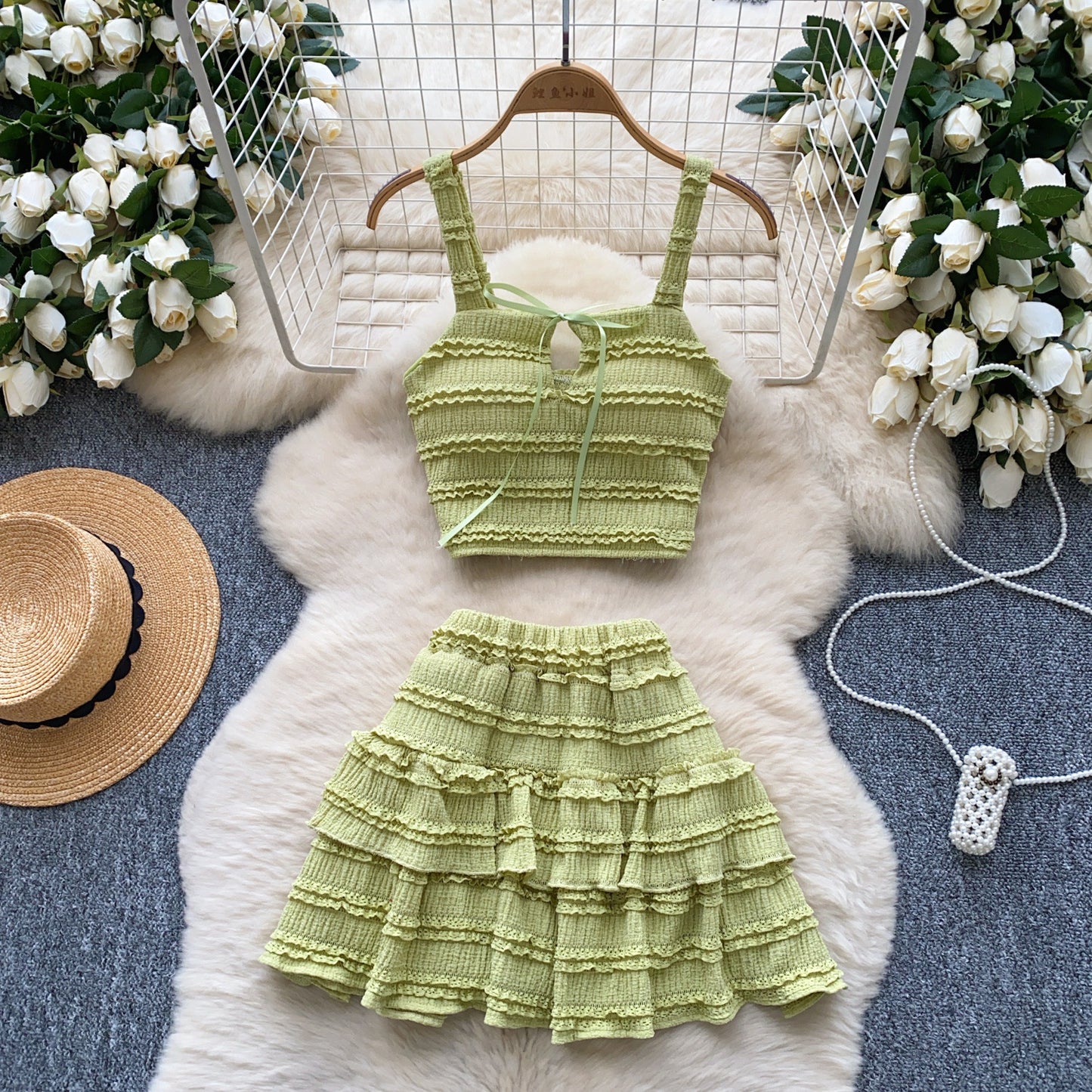 Two-piece M Chic Boutique square-neck slip dress set with high waist and pleated ruffled hem, displayed on a model.