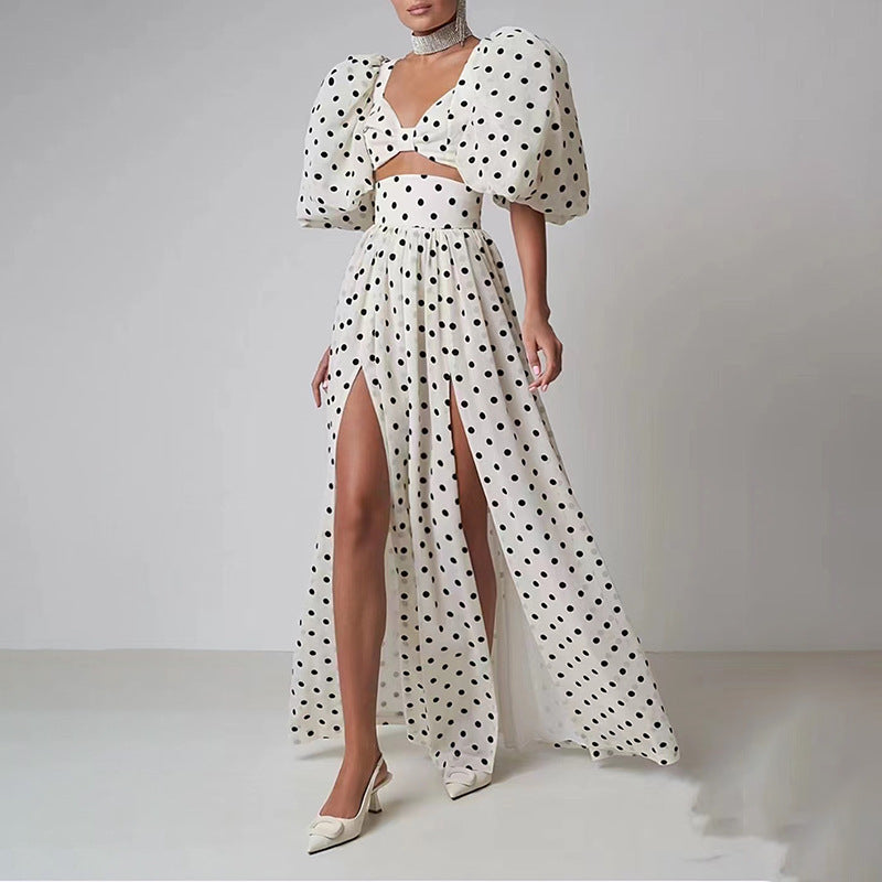 Puff Sleeve Slit Polka Dot Dress