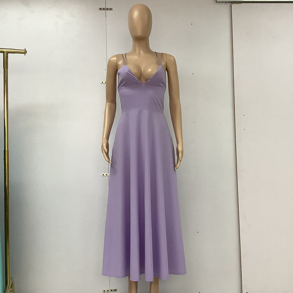 Solid V-neck Suspender Dress
