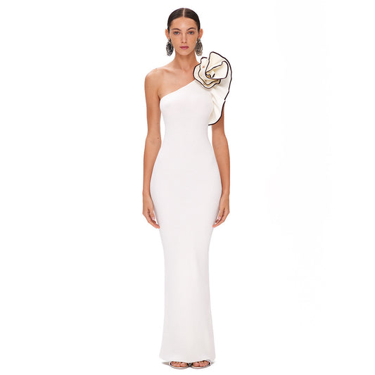 White One-shoulder Flower Long Dress