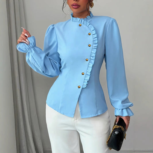 Women's Elegant French Asymmetrical Button-down Long Sleeve Blouse