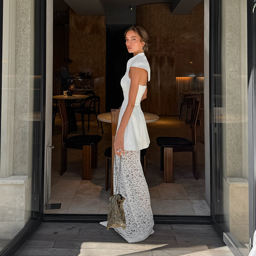 Two-piece Set- Irregular Strapless Top And White Lace Skirt