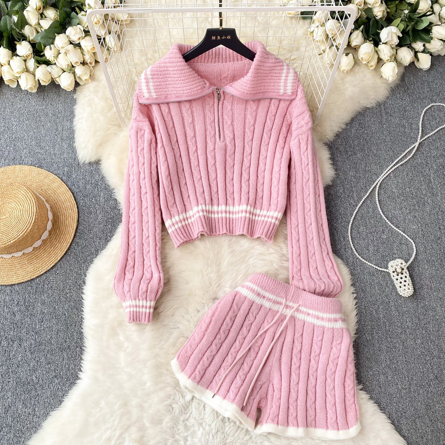 Breasted-collar striped sweater and shorts set in soft fabric, featuring stylish stripes and a chic design by M Chic Boutique.