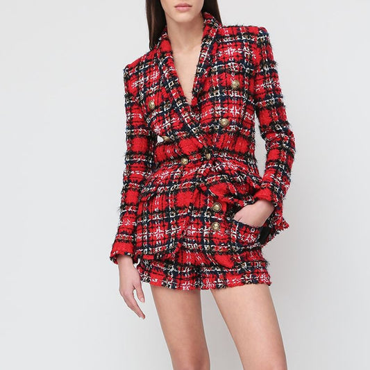 Double-Breasted Plaid Woolen Fringed Jacket