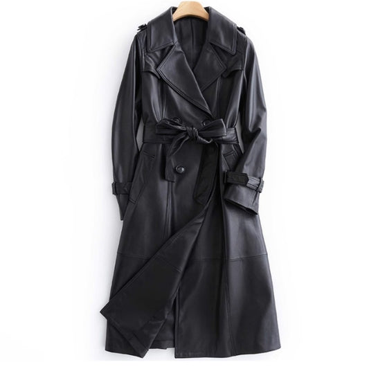 Long Tie Double Breasted Leather Coat