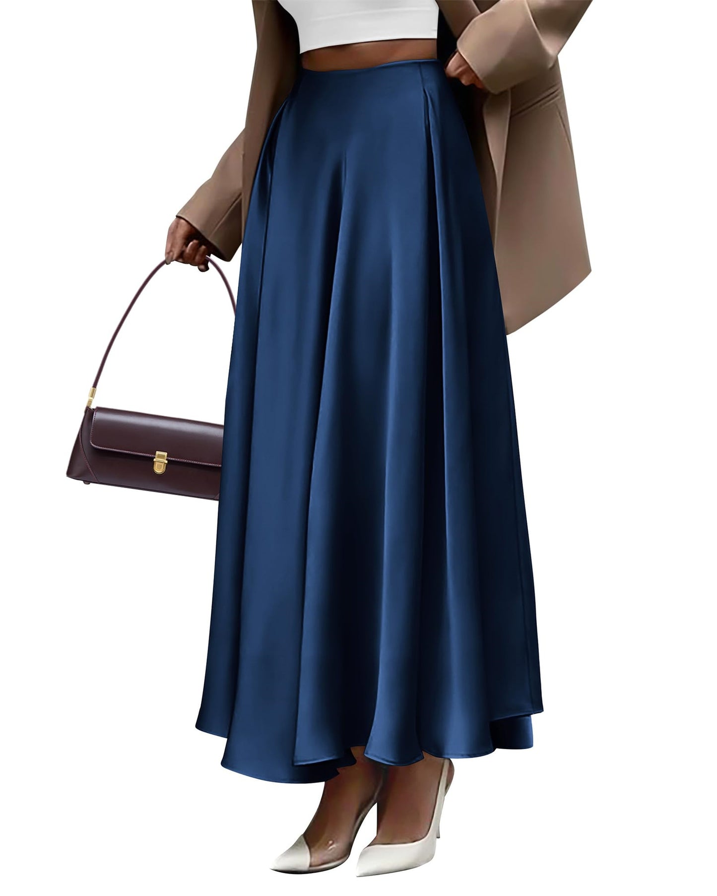 Elegant plus size high waist long skirt in solid color from M Chic Boutique, showcasing flowing fabric and flattering silhouette.