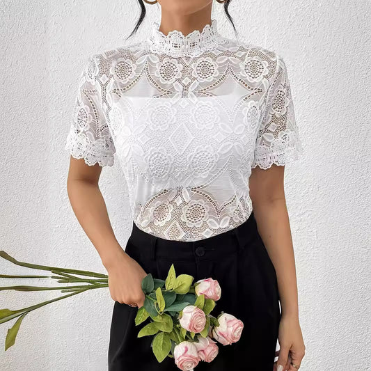 White Lace-panel Trim Top - M Chic Boutique