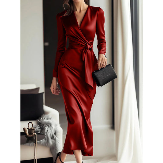 Satin Midi Dress Elegant V-Neck